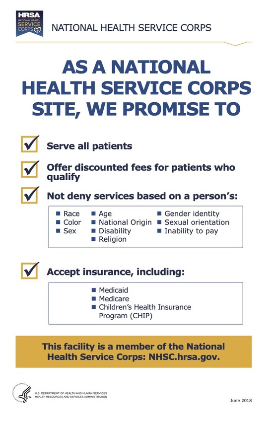 Como um site do National Health Service Corps, prometemos atender a todos os pacientes, oferecer taxas com desconto para pacientes qualificados, não negar serviços com base na raça, cor, sexo, idade, nacionalidade, deficiência, religião, identidade de gênero, orientação sexual ou incapacidade de pagar de uma pessoa, e aceitar seguros, incluindo Medicaid, Medicare e Children's Health Insurance Program (CHIP). Esta instalação é membro do National Health Services Corps: NHSC.hrsa.gov.